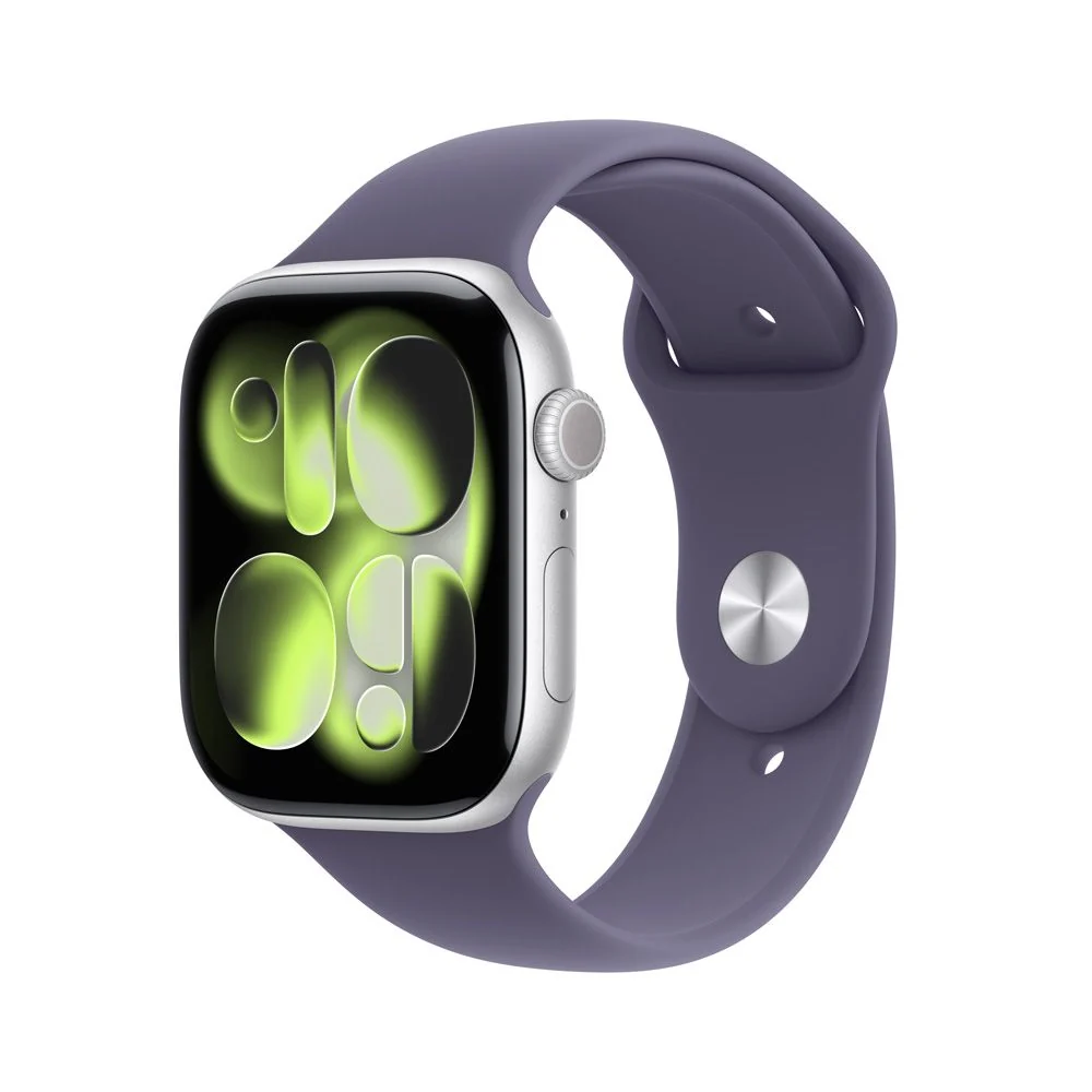 Apple Watch Series 11 GPS • Caja de aluminio color plata de 46 mm • Correa deportiva morado niebla – S/M