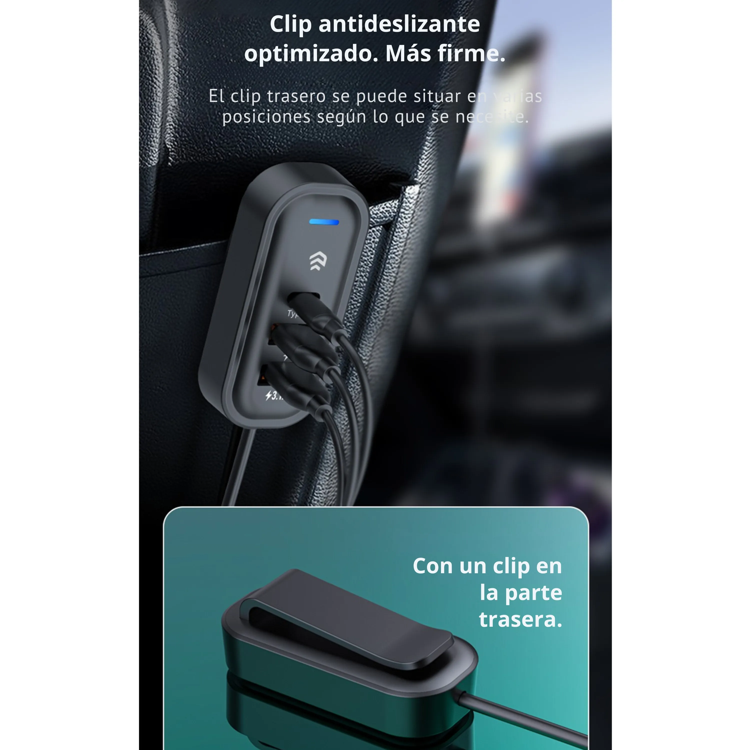 Cargador de carga rápida carro Devia 45W con 3 USB-A y 2 USB-C y cable de extensión 1,5m