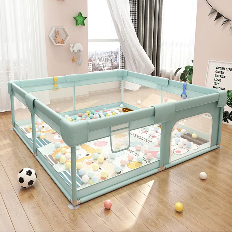 Corral o corralito de Juegos para Bebés con Malla de Seguridad, Puerta con Cremallera, incluye alfombra, pelotas, agarraderas, y bolsa de trasnporte, 180×200, verde