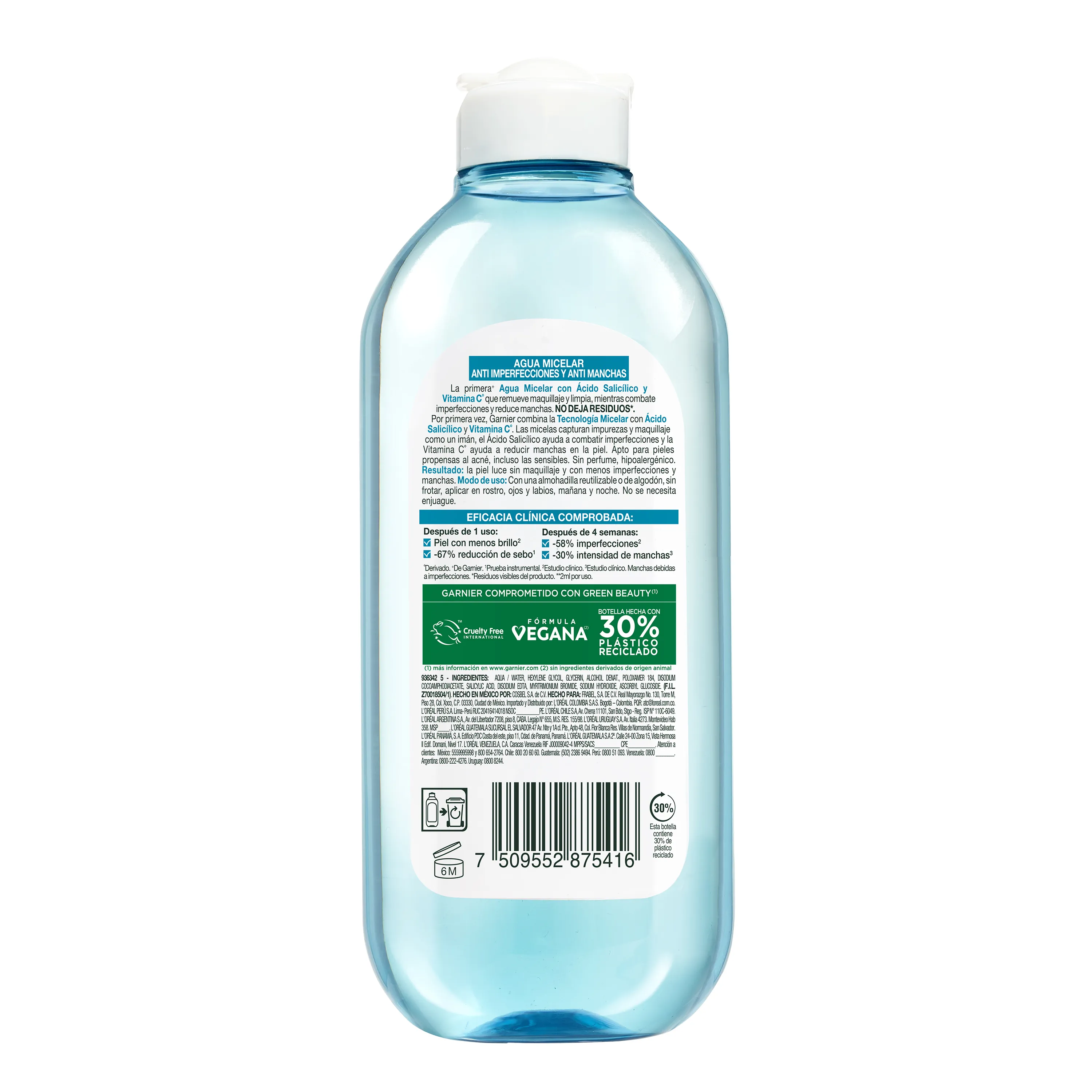 Agua Micelar Garnier, Anti Imperfecciones Express Aclara tratamiento concentrado (Ácido Salicílico + Vitamina C) -400ml