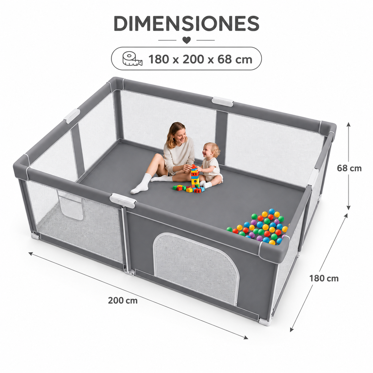 Corralito Plegable para Bebé 180 × 200 × 68 cm | Incluye alfombra, Bolsa de Transporte y Bolas Oceánicas