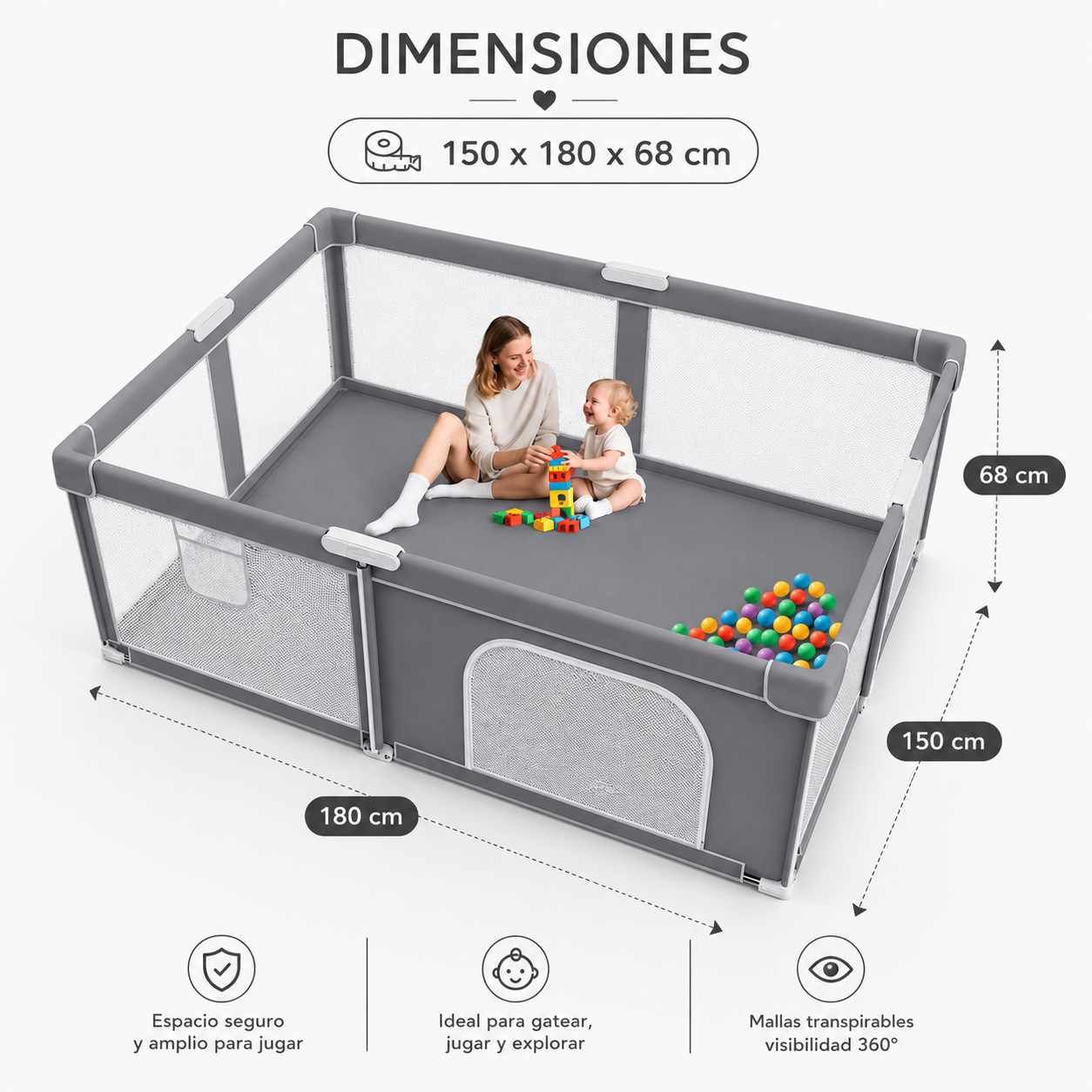 Corralito Plegable para Bebé 150 × 180 × 68 cm | Incluye alfombra, Bolsa de Transporte y Bolas Oceánicas