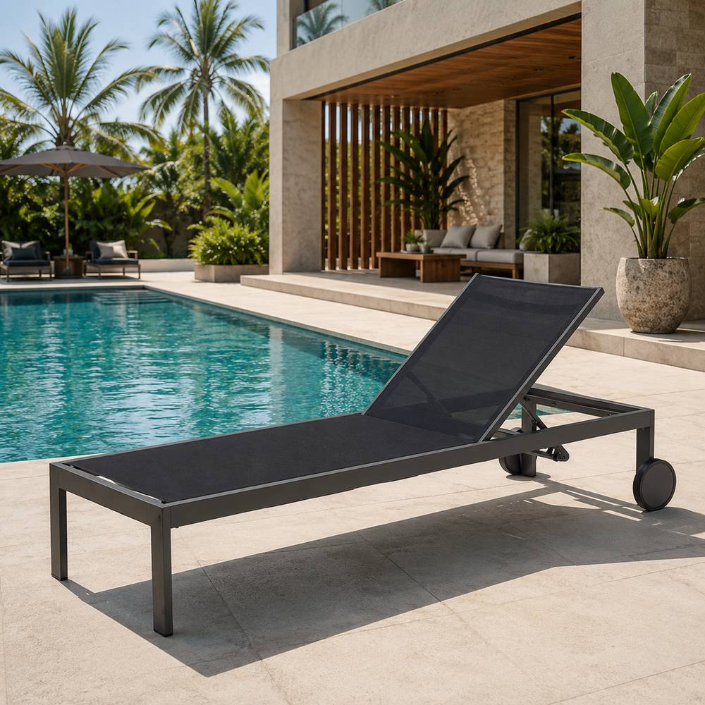 Silla chaise lounge de aluminio 206x66 cm negro con rodos