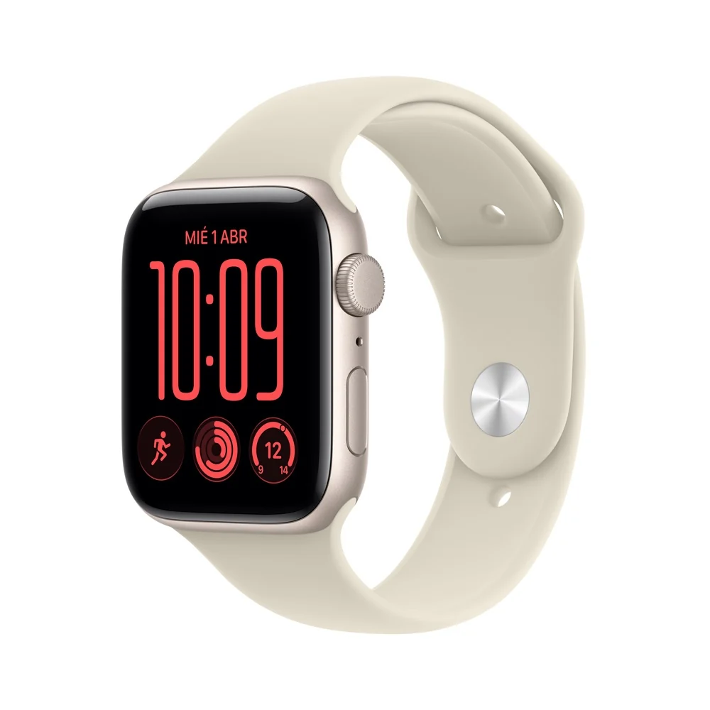 Apple Watch SE 3 GPS • Caja de aluminio blanco estelar de 44 mm • Correa deportiva color arena – S/M
