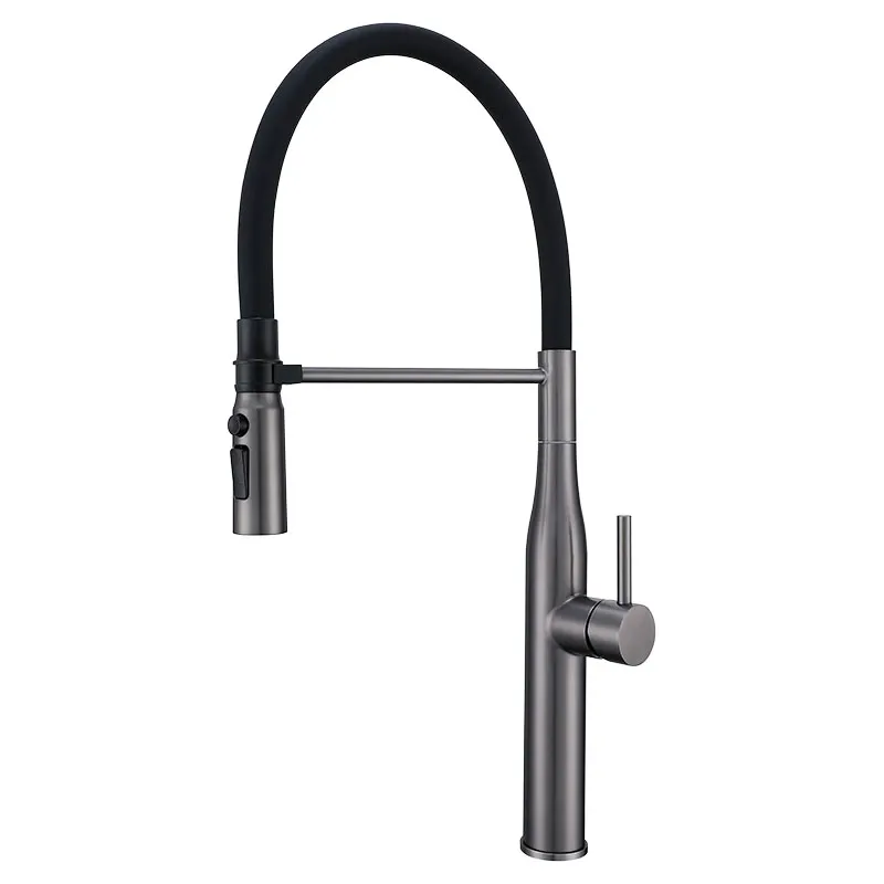 Grifo para cocina monomando cuello cisne alto gris gun metal con manilla palanca