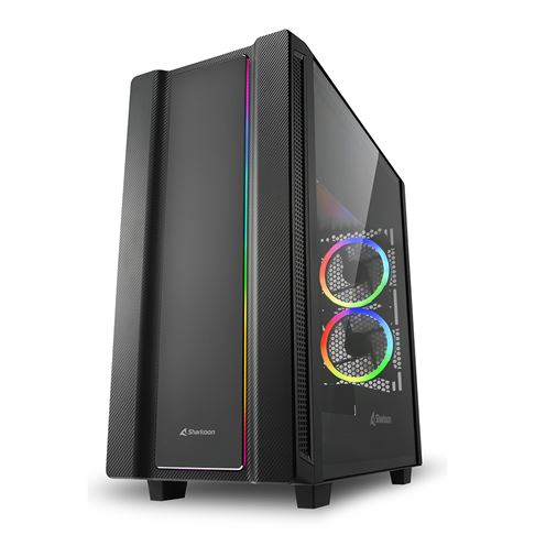 Case Sharkoon Gaming RGB Mid Tower REV220 Ventiladores 5 de 120MM con Vidrio Lateral y Efecto Fibra de Carbono – Negro
