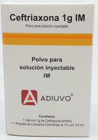 Ceftriaxona Adiuvo, 1g IM vial + ampolla lidocaina