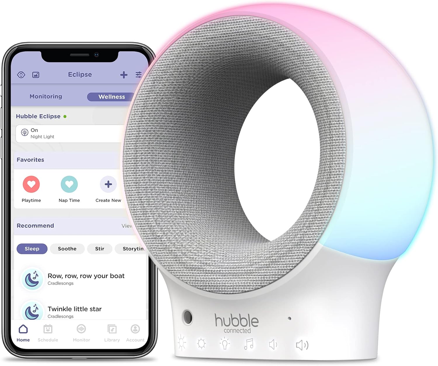 Hubble Eclipse Soother Monitor de Audio Wi-Fi para Bebés – Luz Nocturna de 7 Colores, Sonidos Relajantes, Ruido Blanco y Entrenador de Sueño con App