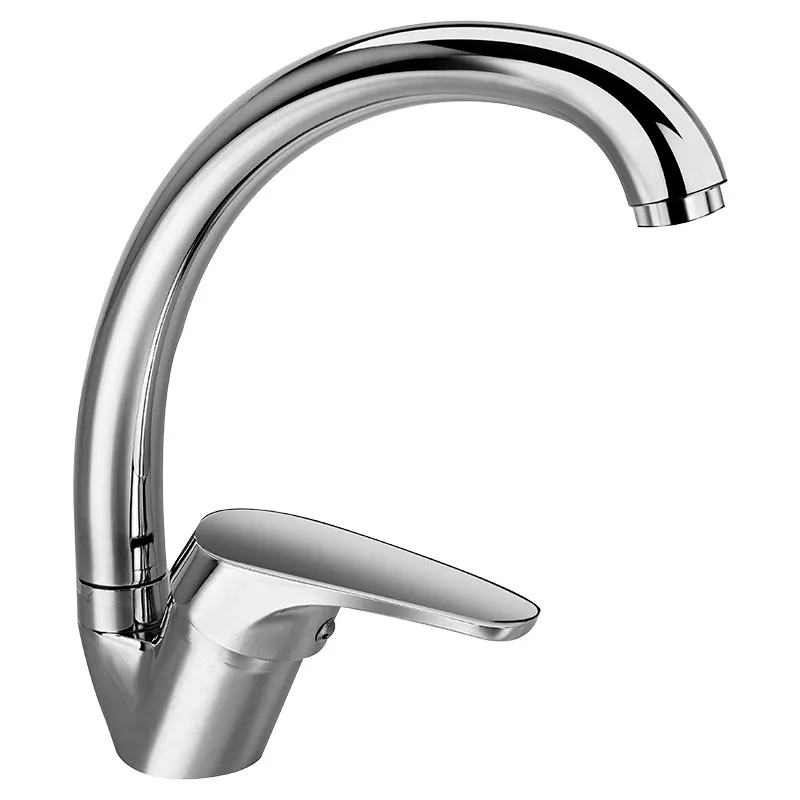 Grifo para cocina monomando cuello curvo alto plata cromado con manilla palanca