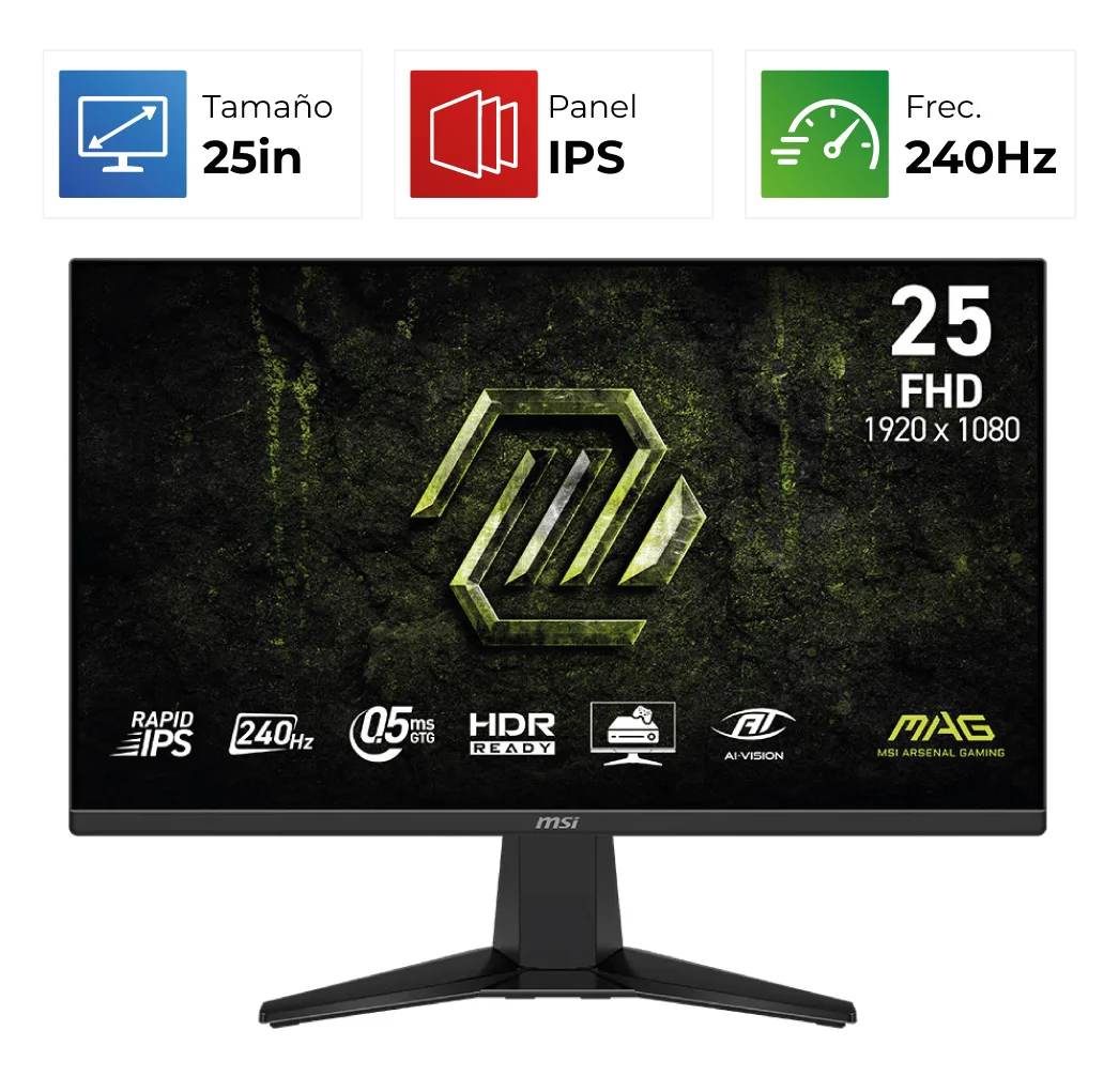 Monitor Gaming MSI MAG 255F X24 25 Pulg Plano FHD 240 Hz Rapid IPS AMD FreeSync Premium HDMI DisplayPort Negro