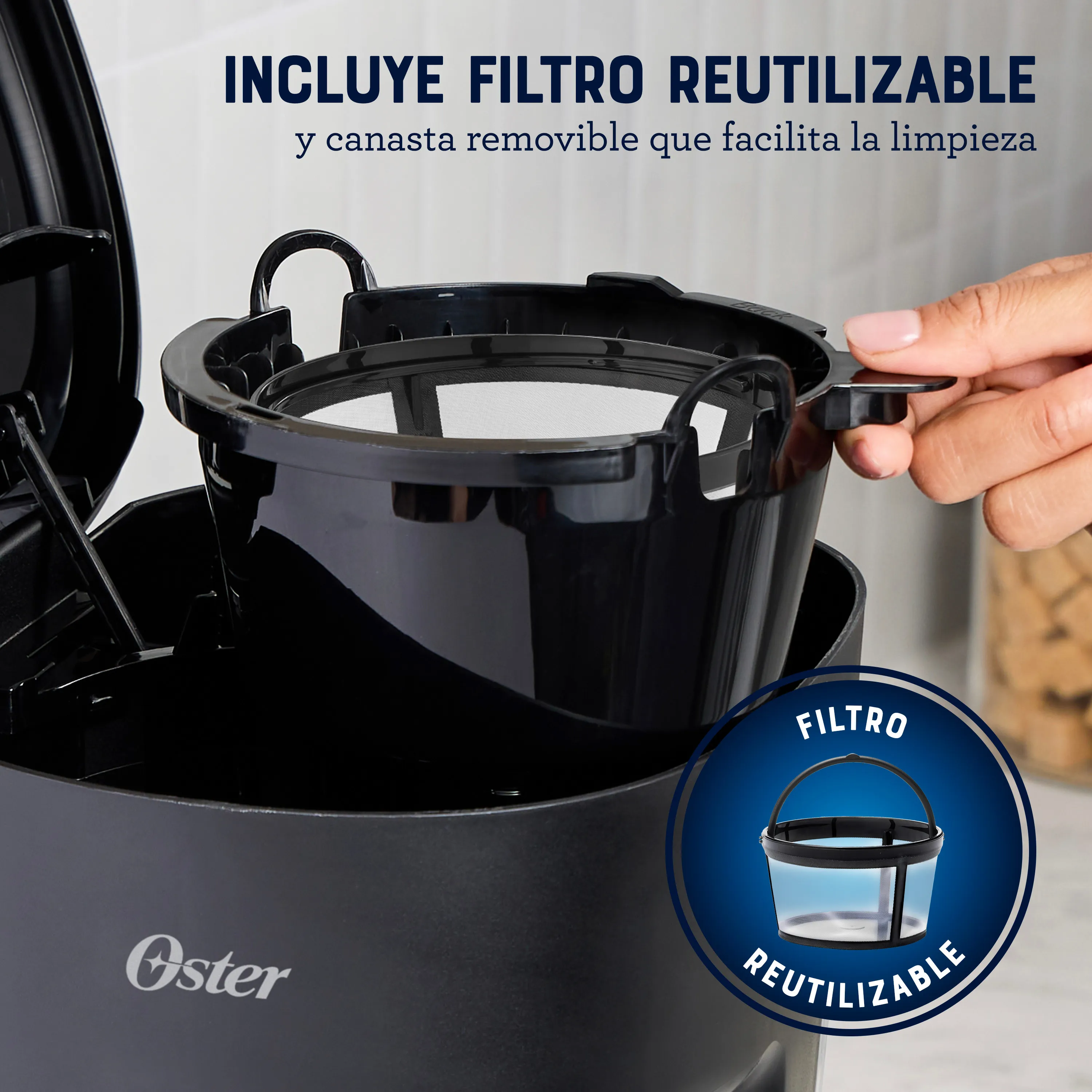 Cafetera Oster de 12 Tazas de Capacidad filtro reutilizable función pausa y servir ventanilla de agua BVSTDCS121B