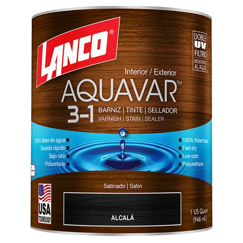 Barniz 3 en 1 base agua Aquavar alcalá satinado 1/4 gal Lanco
