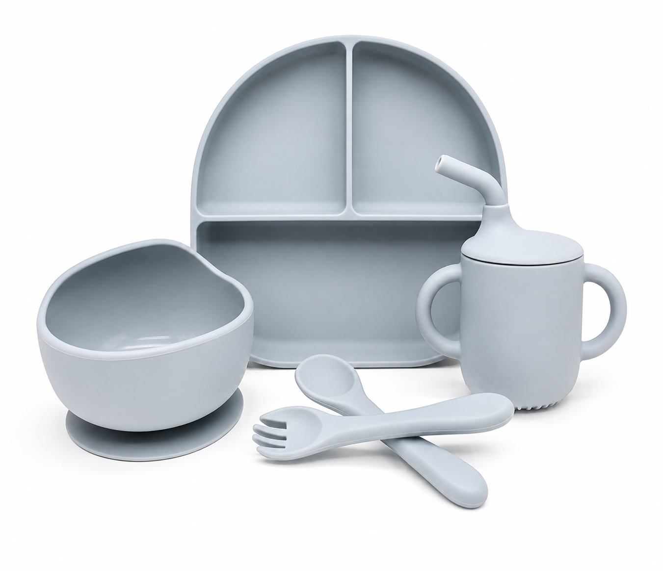 Set de Alimentación de Silicona para Bebé 5 Piezas con Plato Dividido, Tazón con Succión, Vaso con Pajilla y Cubiertos – Color gris