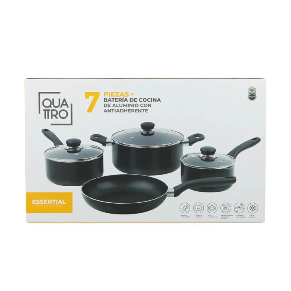 Batería de Cocina QUATTRO QTTCWA7B4 Aluminio Prensado Negro 7 Piezas