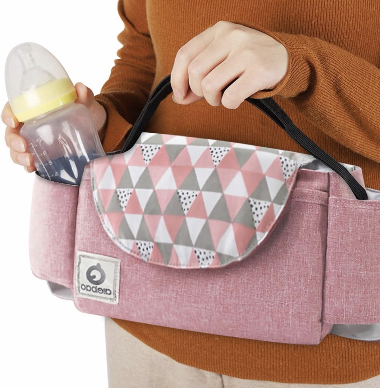 Bolsa Organizadora para Cochecito de Bebé con Portavasos – Organizador Universal para Carriola, Compartimentos Amplios y Correa Reforzada, Uso como Bolso de Mano (Rosa estampado)