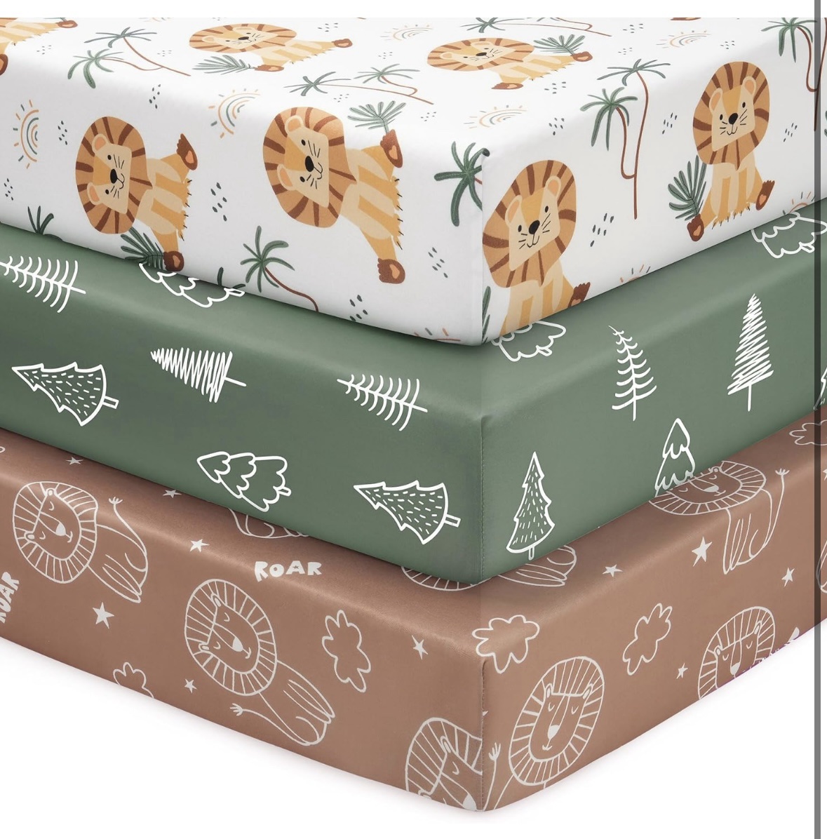 Sábanas de cuna de bebé para niños, paquete de 3 sábanas de ajuste neutro para colchones estándar de cuna y niños pequeños de 52 x 28 pulgadas, microfibra súper suave, león marrón