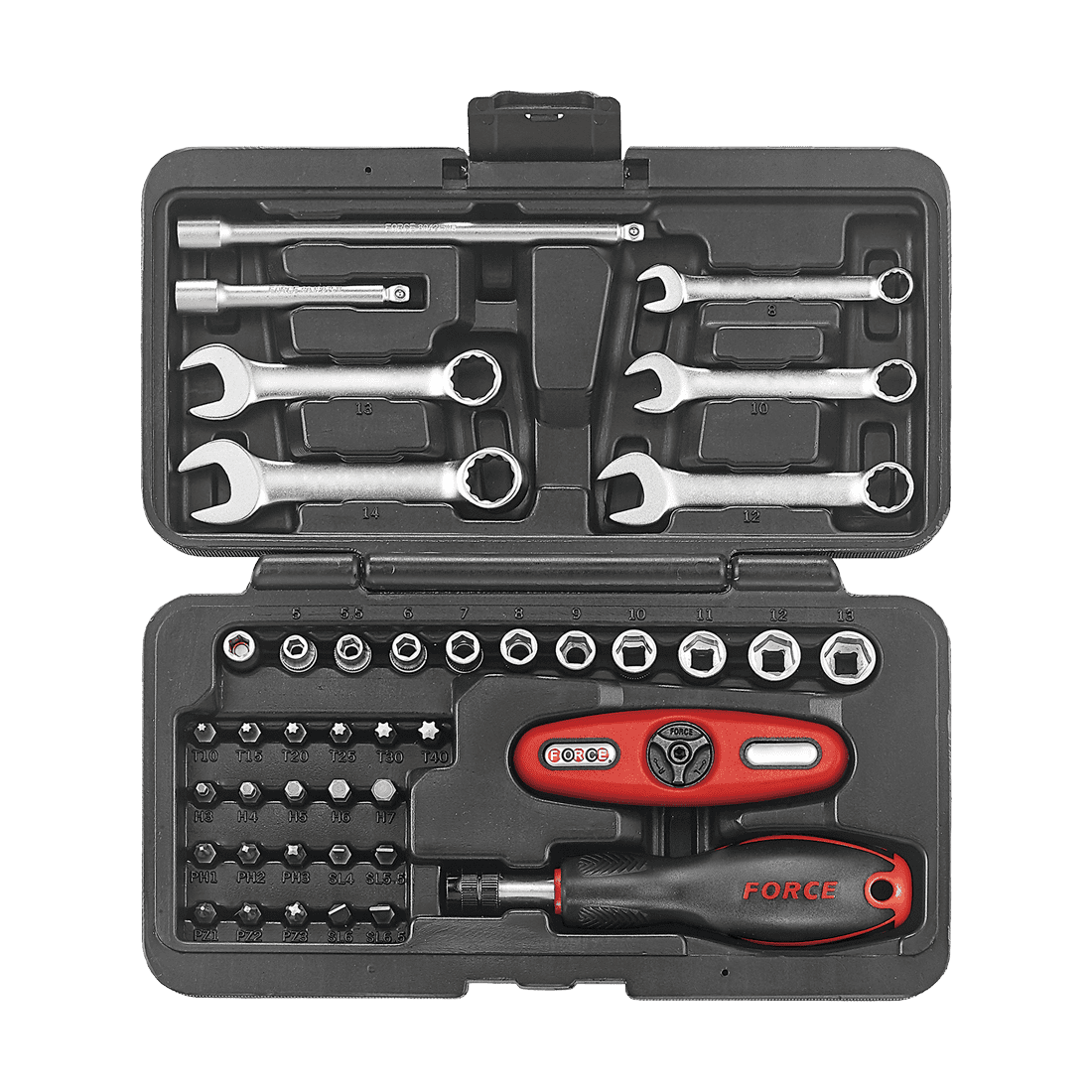 FORCE 2413 JUEGO PUNTAS, CUBOS, RATCHET, LLAVES & ACCESORIOS ESPIGA 1/4'' EN ESTUCHE