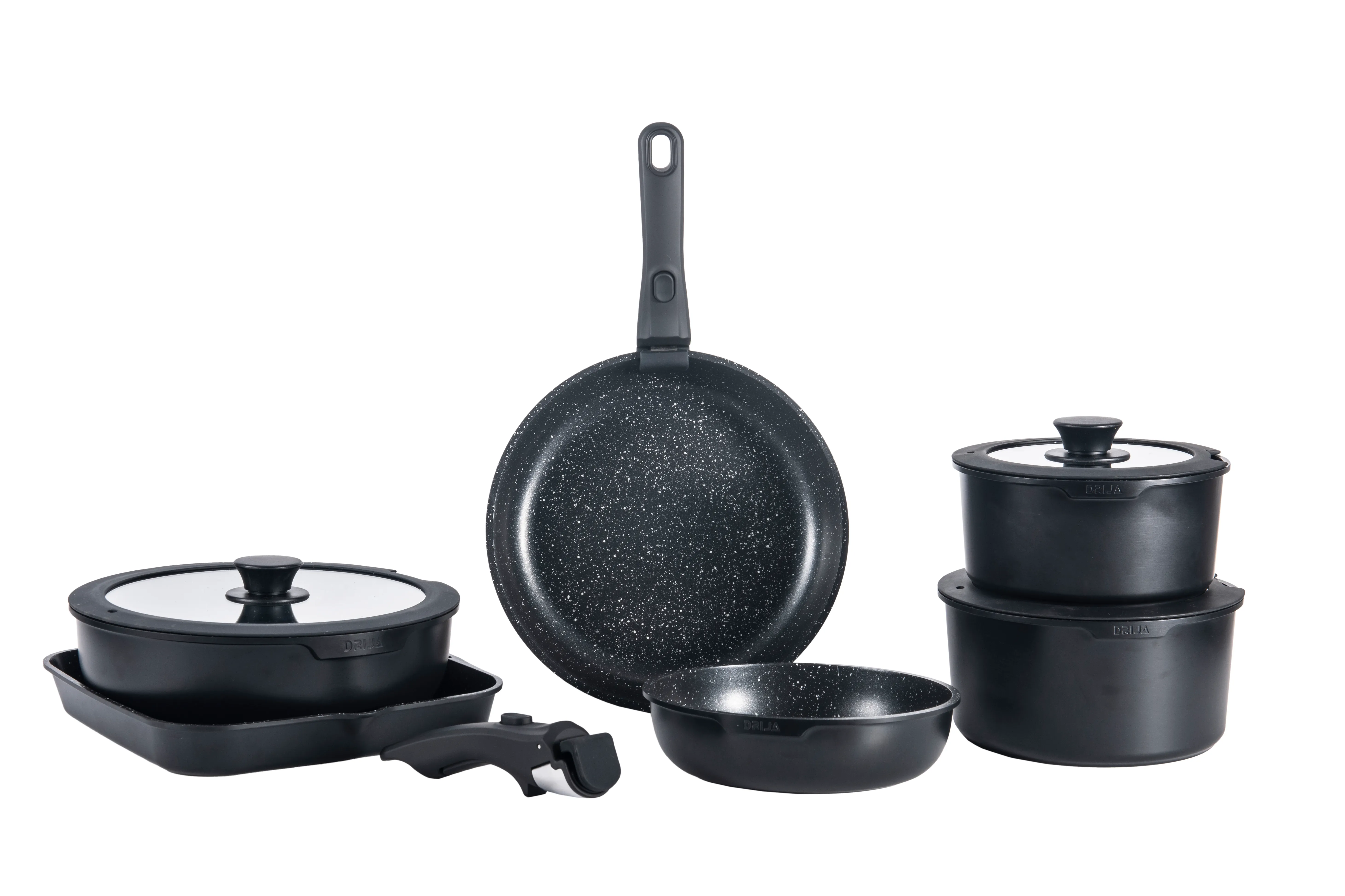Set de sartenes y ollas de 19 piezas Bucatini de alumino marca Drija