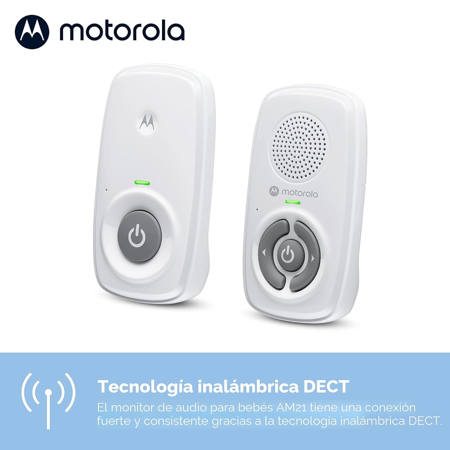 Motorola Nursery AM21 Monitor de Audio para Bebé de Largo Alcance, Sin Wi-Fi, Conexión Privada DECT, Control de Volumen, Detección de Llanto y Unidad Portátil