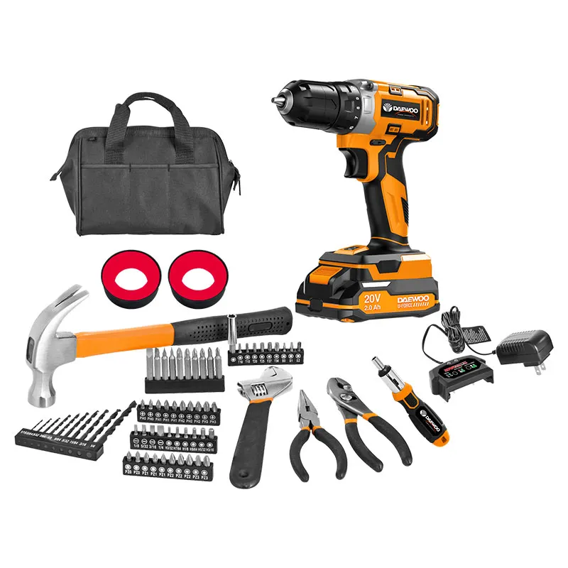 Taladro percutor inalámbrico 3/8" 20 V Daewoo + Set de 70 piezas, cargador y batería 2.0 Ah