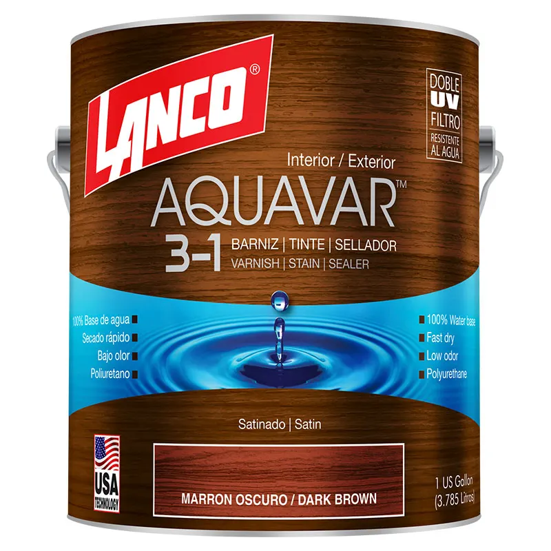 Barniz 3 en 1 base agua Aquavar marrón oscuro satinado 1 gal Lanco