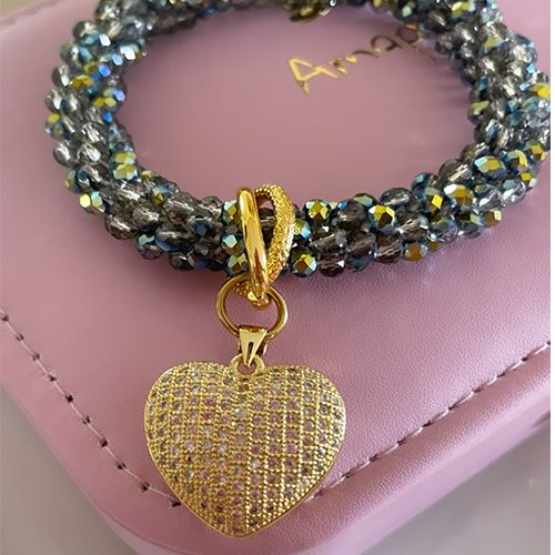PULSERA01 AMAPOLA CRISTALES DIJE CORAZÓN DORADO