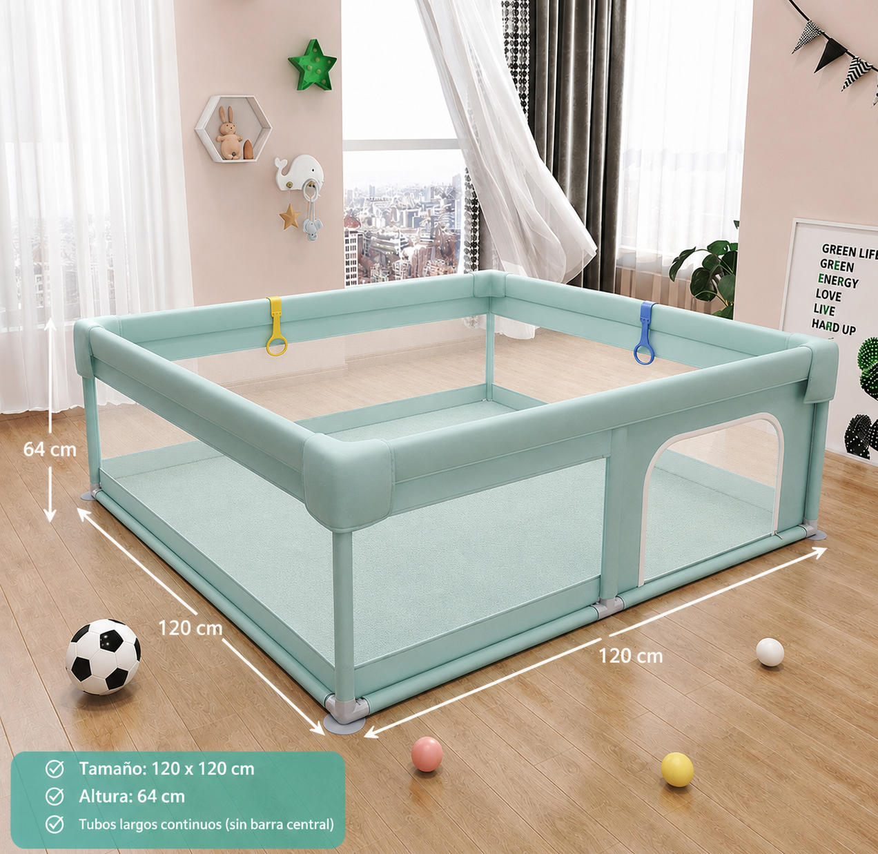 Corral o corralito de Juegos para Bebés con Malla de Seguridad, Puerta con Cremallera y 5 Agarraderas –120×120(64 cm altura) no incluye alfombra, se vende por separado