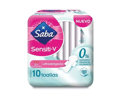 Toallas sanitarias Saba sensiti-V ultra delgada con alas 10 toallas