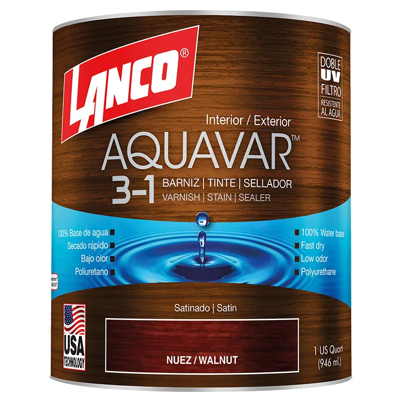 Barniz 3 en 1 base agua Aquavar nuez satinado 1/4 gal Lanco