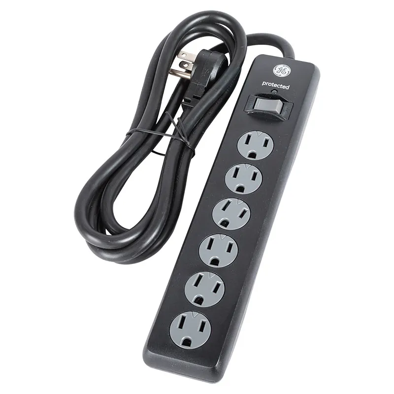Regleta negra 6 tomas con botón, protección contra sobretensiones de 800J y cable 1,8 m
