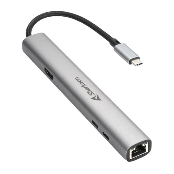 Adaptador Sharkoon OfficePal combo USB-C a USB-A y USB-C conexión HDMI RJ45