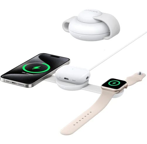 Anker Cargador Ultra Compact 3 in 1 Qi2 – 15W Fast Charging Wireless – Blanco