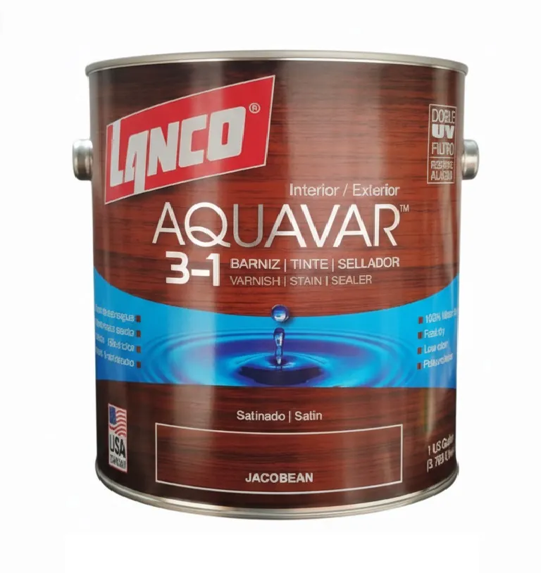 Barniz 3 en 1 base agua Aquavar jacobean satinado 1/4 gal Lanco