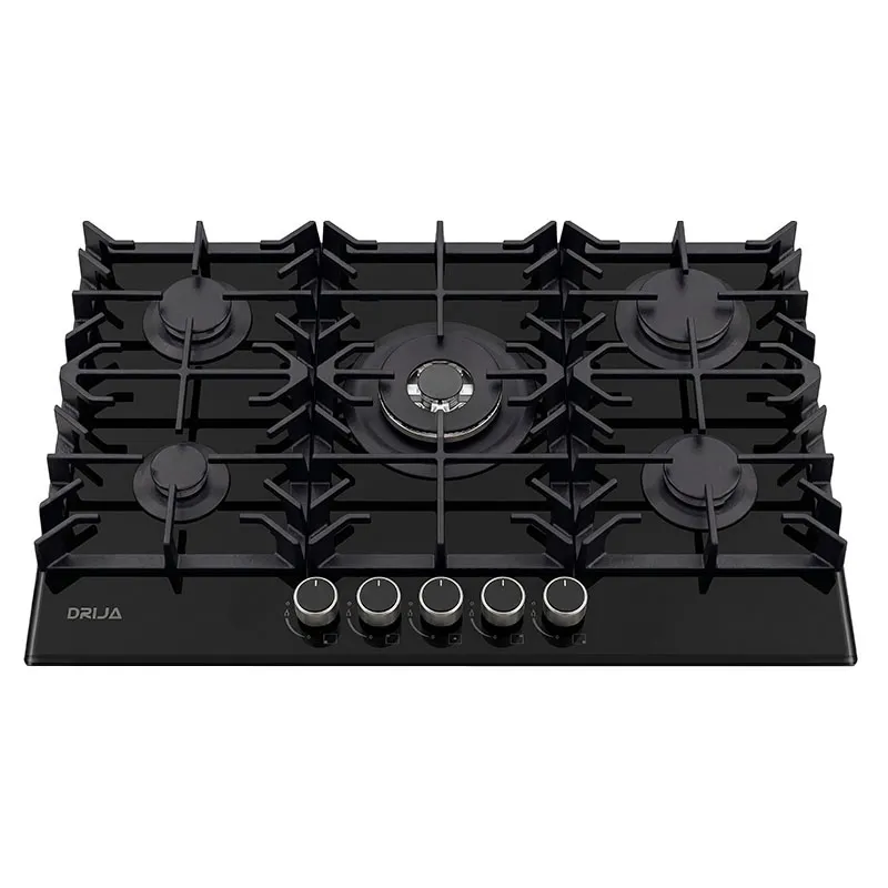 Cocina a gas vidrio templado 5 quemadores de aluminio y plancha de hierro 51 x 76 x 10 cm Drija