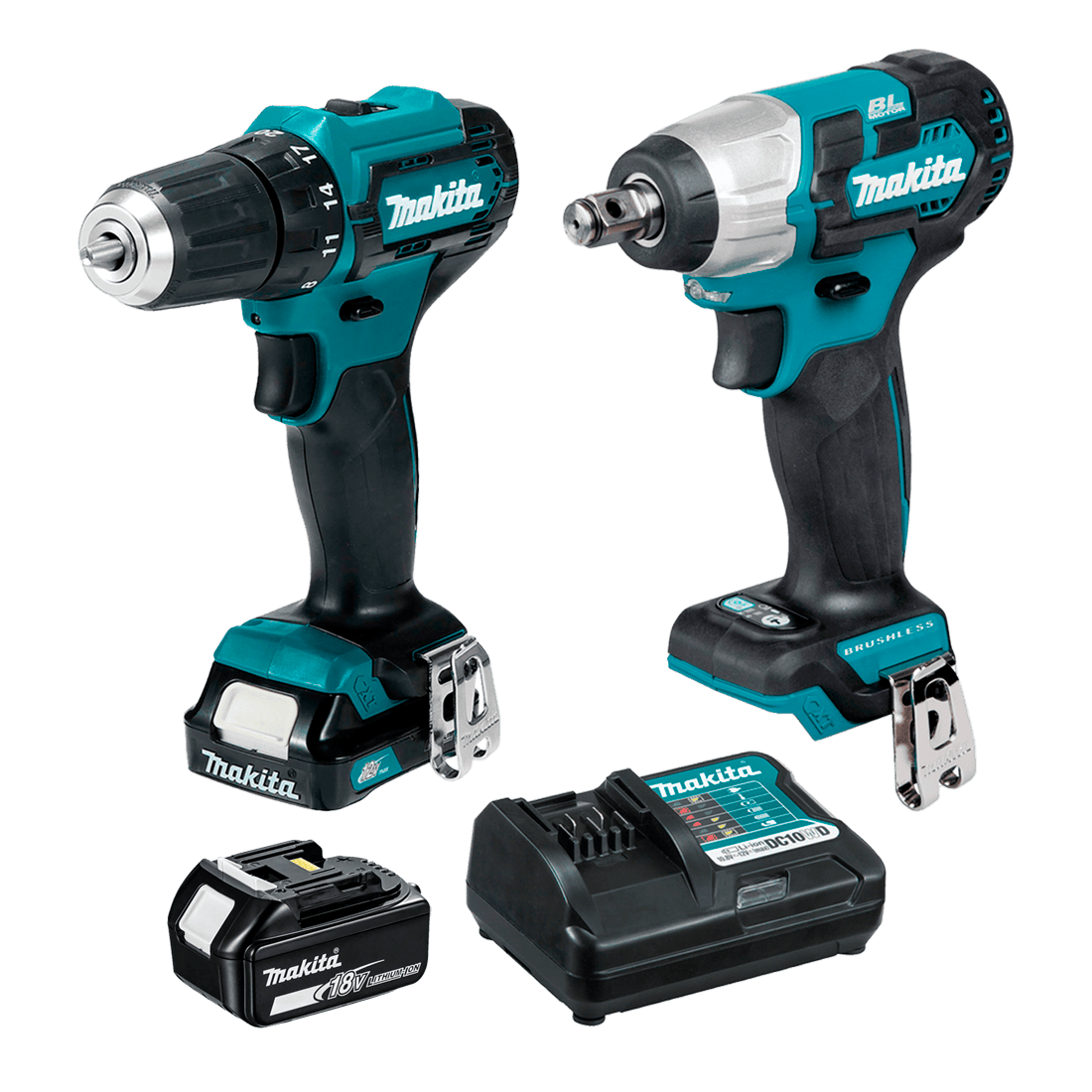 MAKITA DF333DWYE + TW161DZ TALADRO ATORNI 3/8" 12V C/2 BAT LI 1.5AH Y CARG + LLAVE DE IMPACTO 1/2" 12V (Z=SOLO HERRAMIENTA)