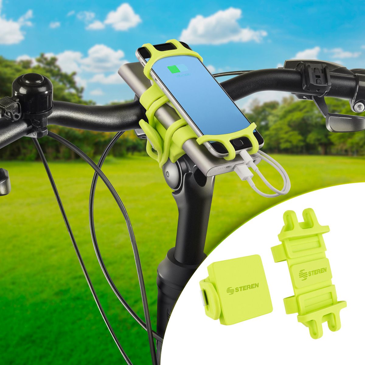 Soporte para celular y power bank con sujeción en manubrio