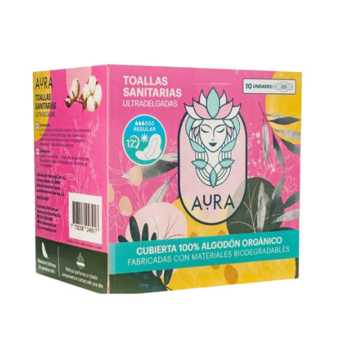 AURA TOALLA SANITARIA ALGODÓN ORGÁNICO(DIURNA) 10 UNID