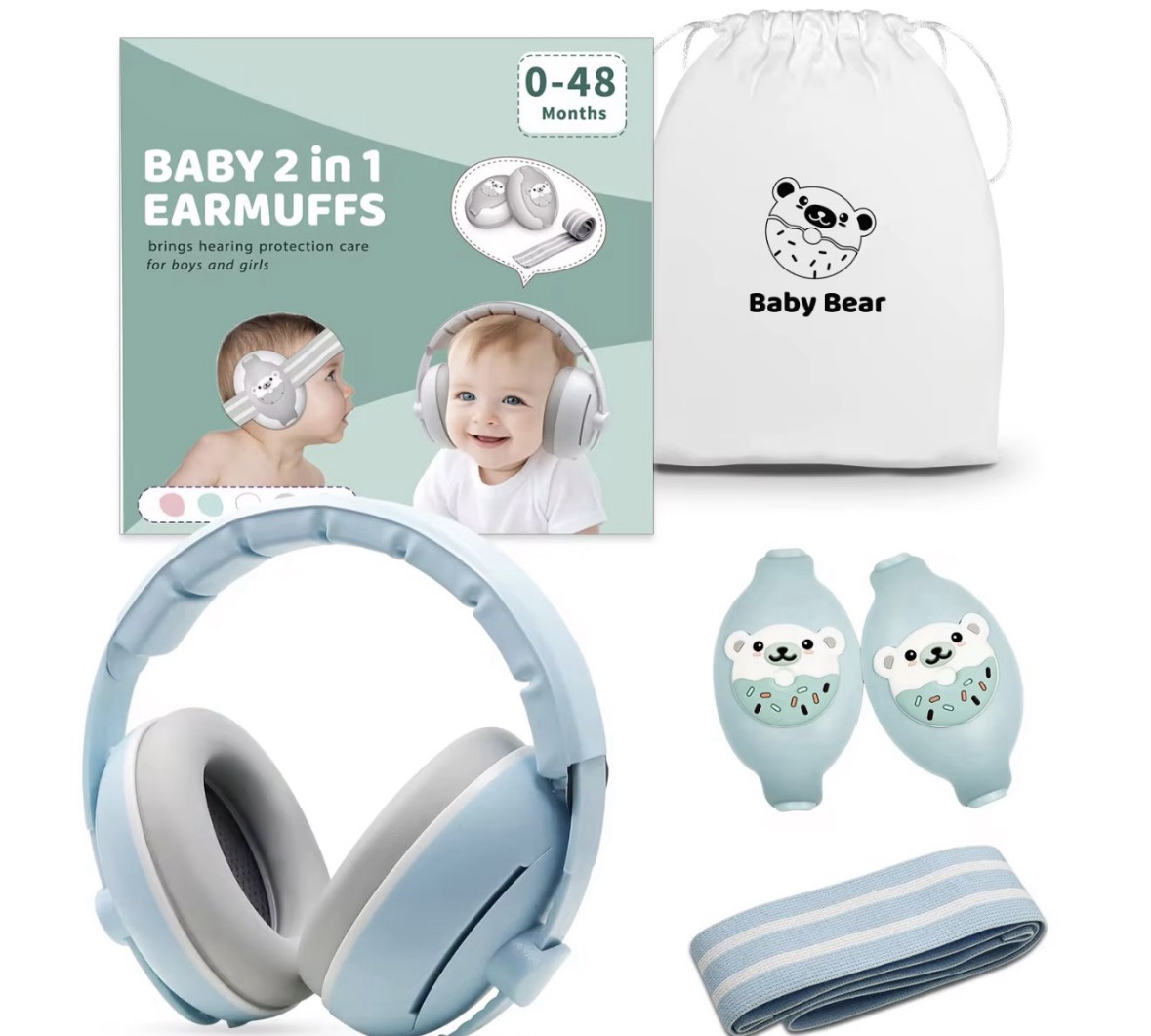Auriculares Protectores Auditivos 2 en 1 para Bebés, Ajustables con Banda Elástica, para niños de 3 a 48 meses, celeste
