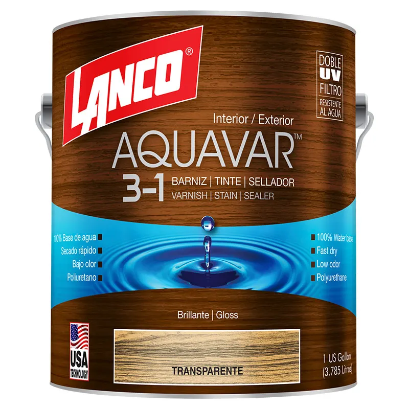 Barniz 3 en 1 base agua Aquavar transparente brillante 1 gal Lanco