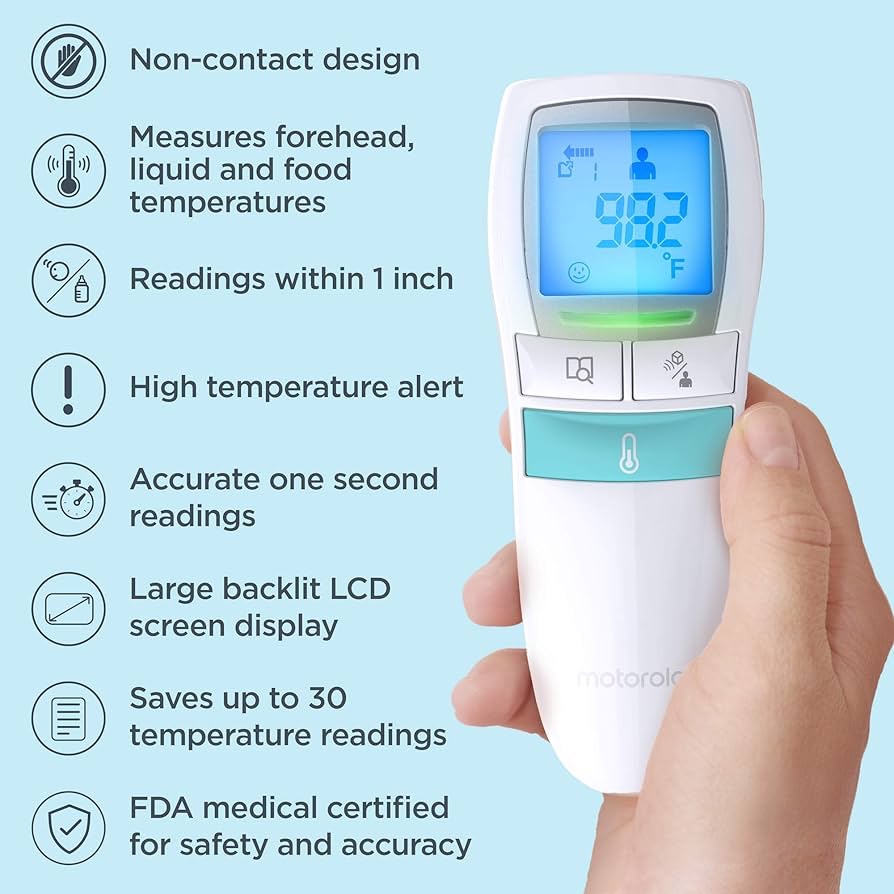 Motorola Care – Termómetro 3 en 1 para la frente del bebé, sin contacto, temperatura corporal, alimentos o líquidos, dispositivo clínico de mano para niños, adultos, sin contacto, lector rápido