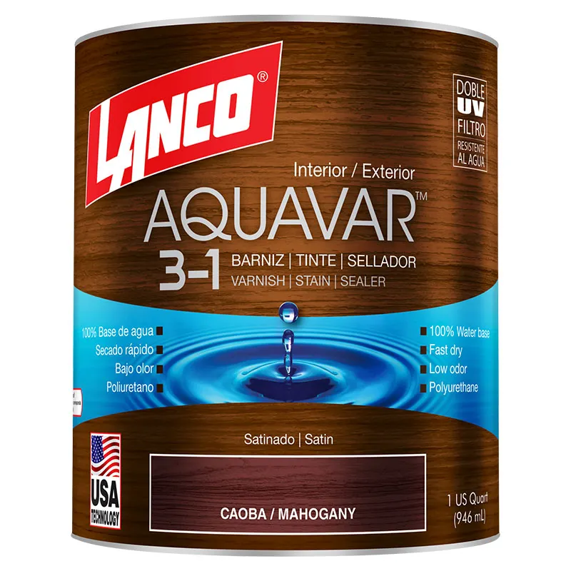 Barniz 3 en 1 base agua Aquavar caoba satinado 1/4 gal Lanco