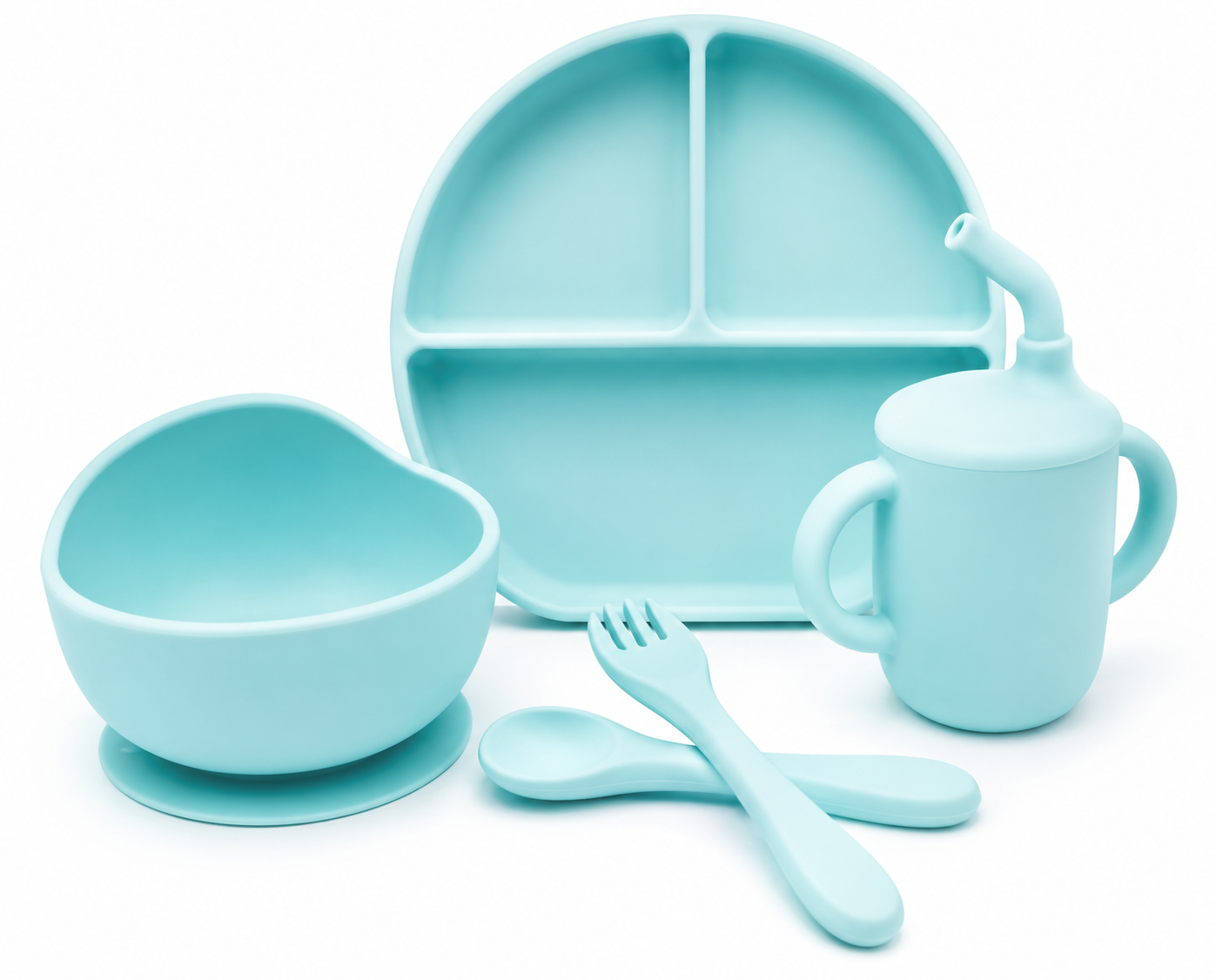 Set de Alimentación de Silicona para Bebé 5 Piezas con Plato Dividido, Tazón con Succión, Vaso con Pajilla y Cubiertos – Color Turquesa