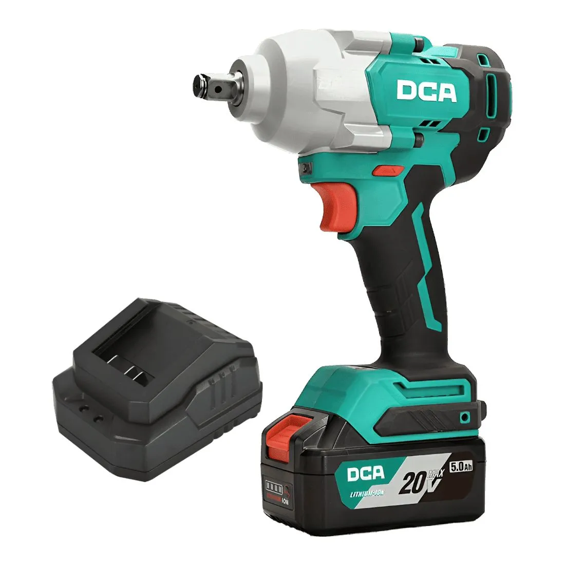 Pistola de impacto bateria 20v 13mm (1/2") 910nm 750w sin carbones + 1 bat 5ah y cargador DCA