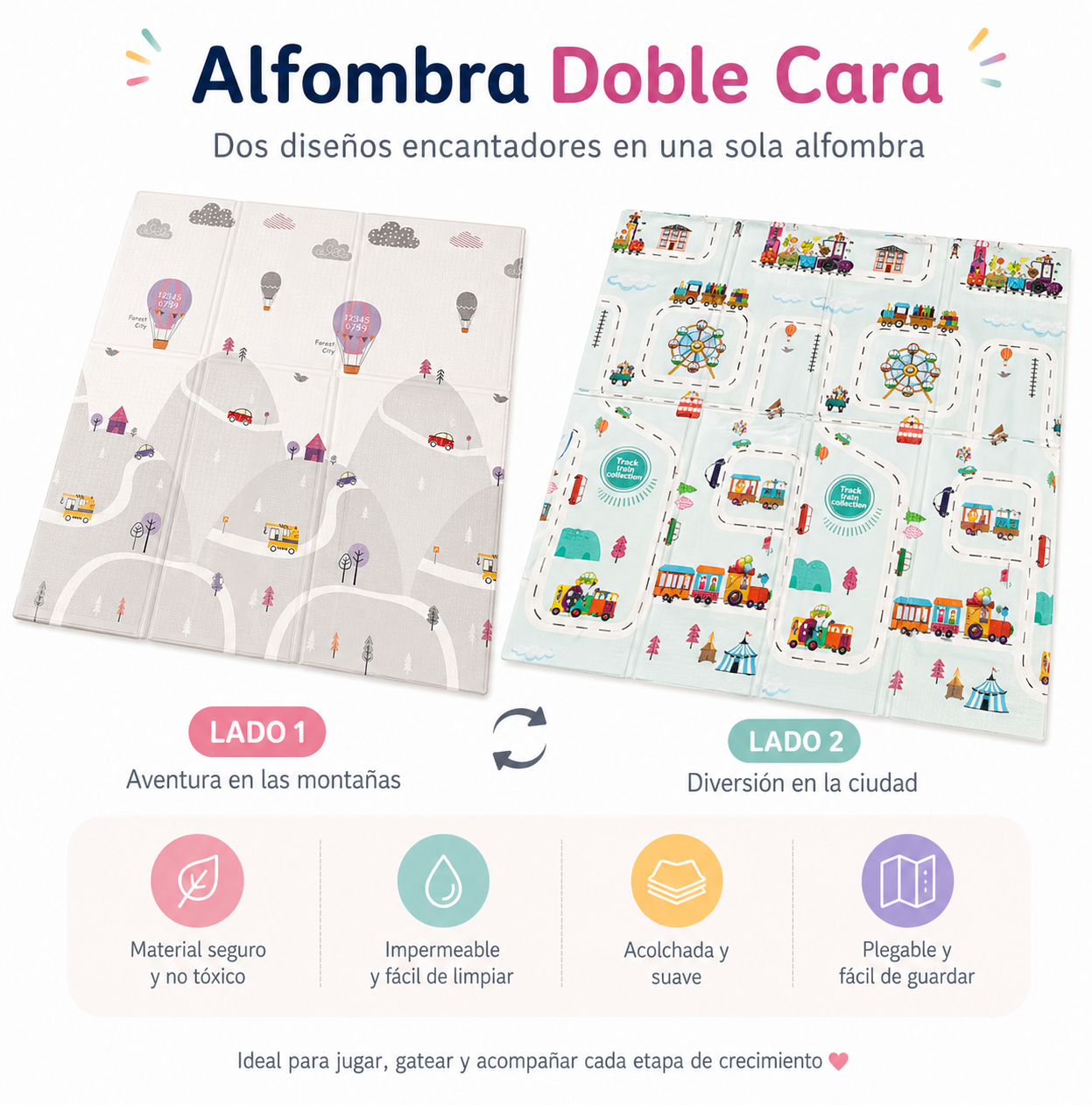 Alfombra de Juego reversible y plegable– Diseño globo y ciudad (150x200cm)