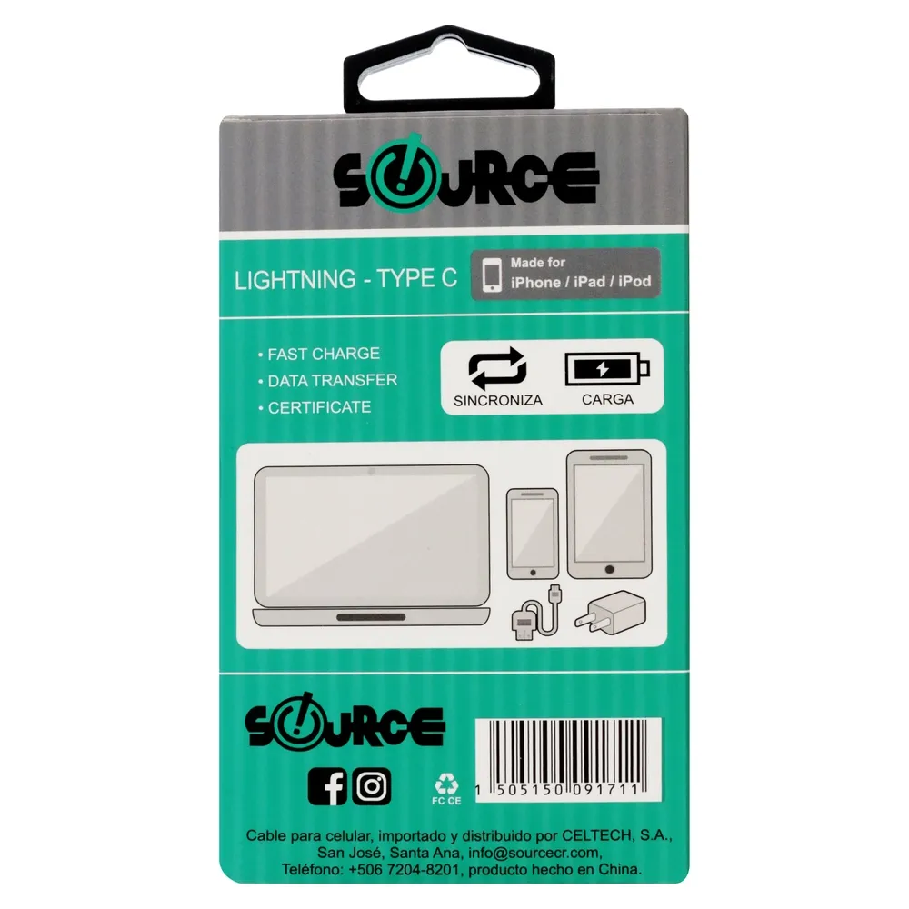 Cable Source Lightning Genérico Tipo C Para Iphone, Ipad Y Ipod - 1m