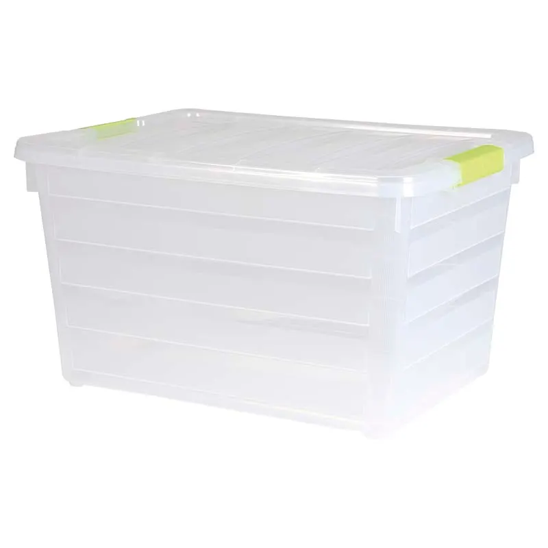 Caja organizadora 57 litros transparente con clips de cierre de colores