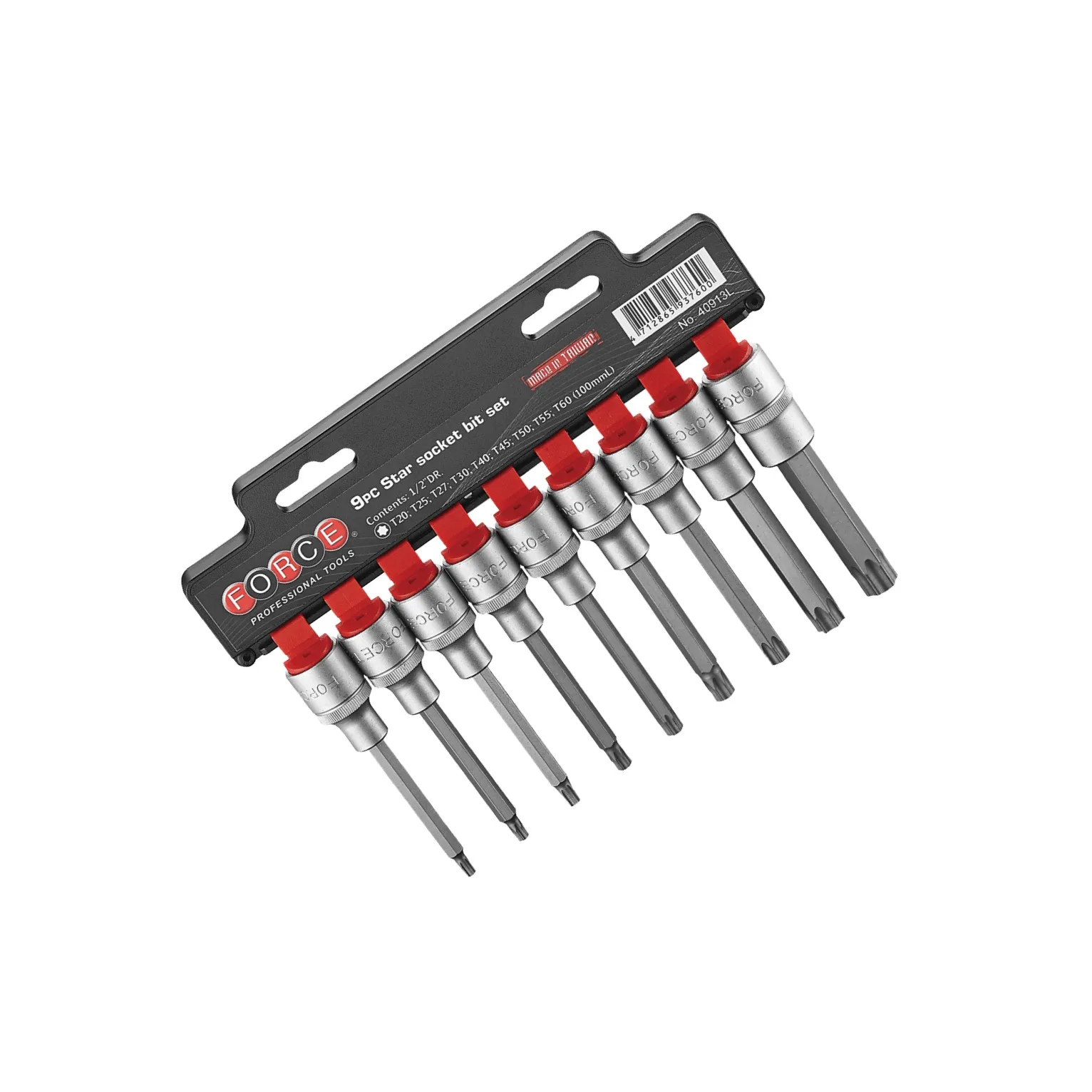Juego 9 cubos destornilladores cromados torx t20-t60 espiga 1/2" largos FORCE