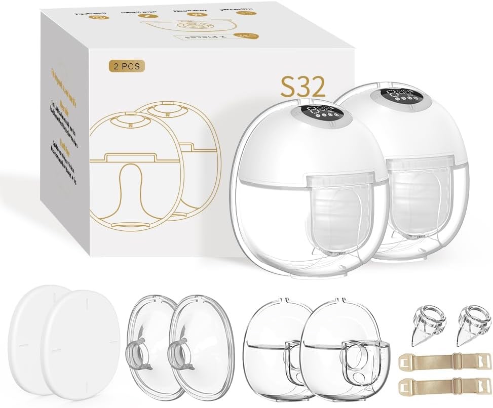 S32 Extractor de Leche Eléctrico Doble – 2 Copas Portátiles con Función de Memoria, 4 Modos, incluye Bridas de 19 mm y 21 mm