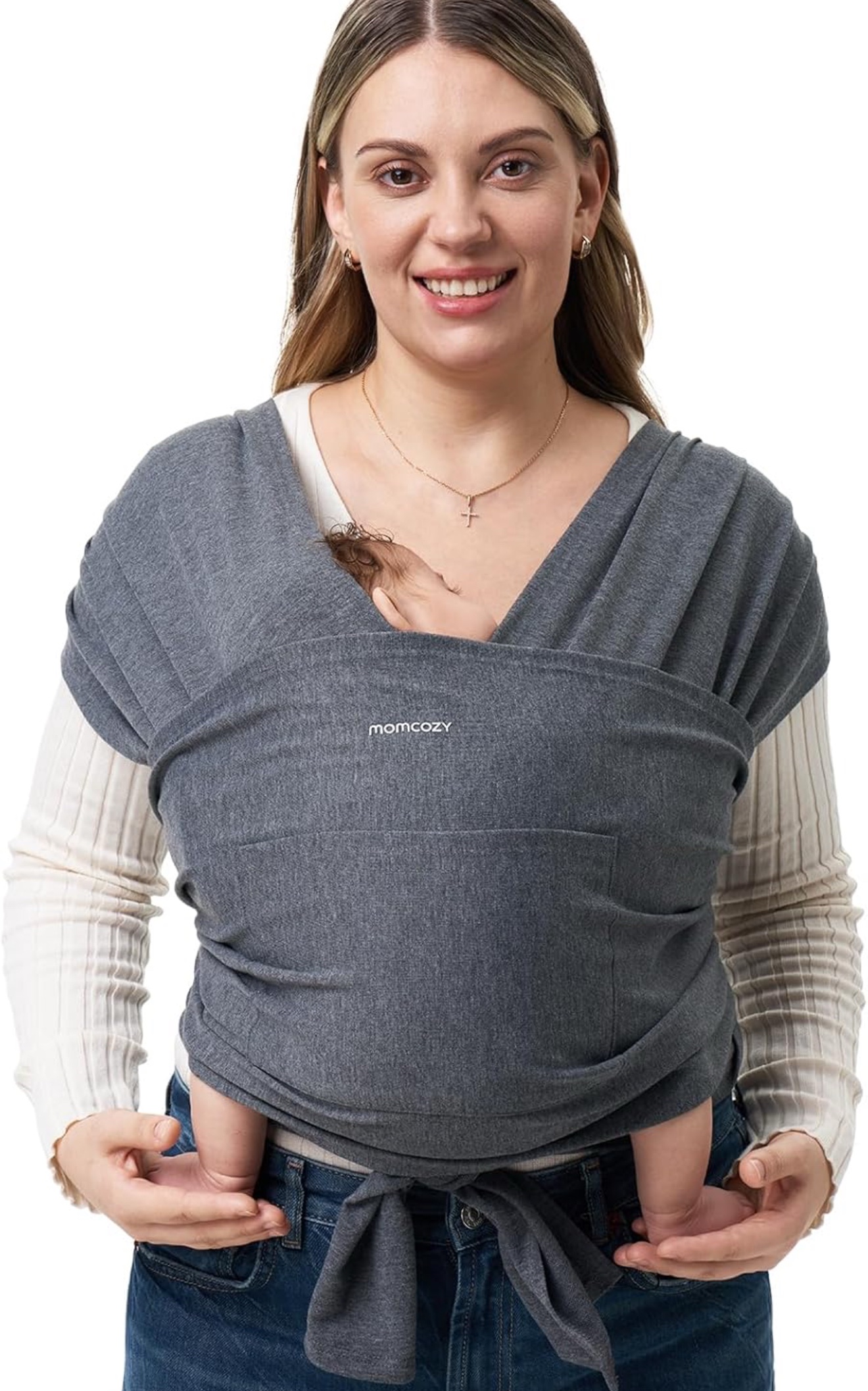 Momcozy Portabebés o cargador ajustable para recién nacidos a niños pequeños de 8 a 35 libras, tipo fular, color gris oscuro