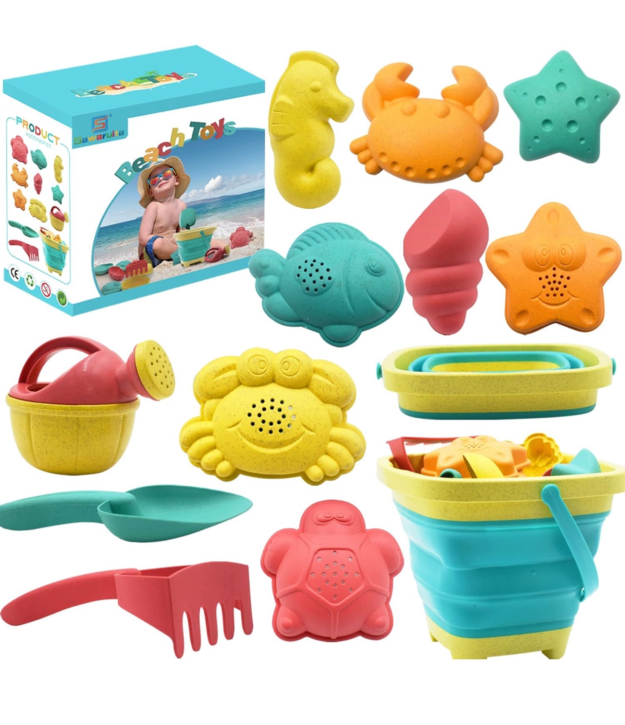 Set de Juguetes de Playa para Niños – 12 Piezas con Cubo Plegable, Pala, Rastrillo y Moldes de Arena para Construcción de Castillos